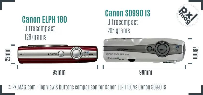 Canon ELPH 180 vs Canon SD990 IS top view buttons comparison