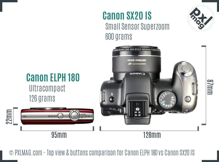 Canon ELPH 180 vs Canon SX20 IS top view buttons comparison