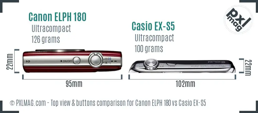 Canon ELPH 180 vs Casio EX-S5 top view buttons comparison Canon ELPH 180 vs Casio EX-S5 top view buttons comparison