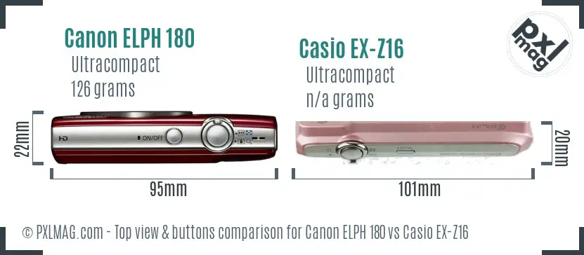 Canon ELPH 180 vs Casio EX-Z16 top view buttons comparison