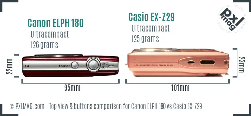 Canon ELPH 180 vs Casio EX-Z29 top view buttons comparison