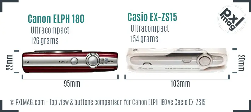 Canon ELPH 180 vs Casio EX-ZS15 top view buttons comparison