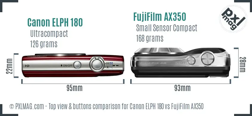 Canon ELPH 180 vs FujiFilm AX350 top view buttons comparison