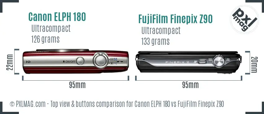 Canon ELPH 180 vs FujiFilm Finepix Z90 top view buttons comparison