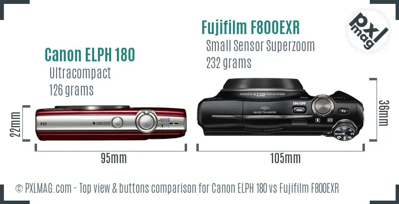 Canon ELPH 180 vs Fujifilm F800EXR top view buttons comparison