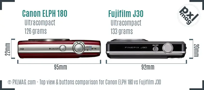 Canon ELPH 180 vs Fujifilm J30 top view buttons comparison
