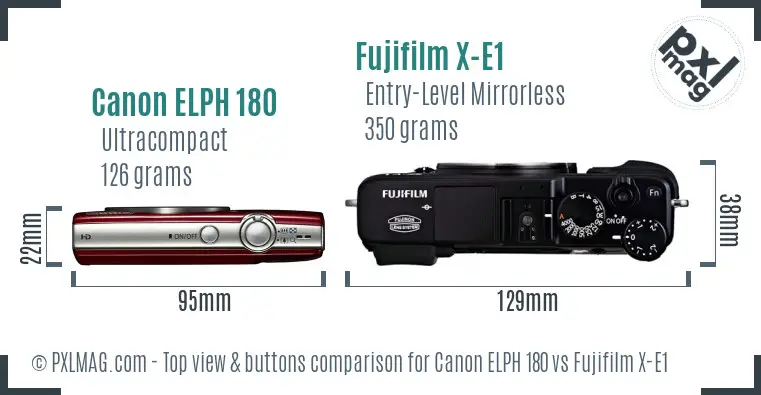 Canon ELPH 180 vs Fujifilm X-E1 top view buttons comparison