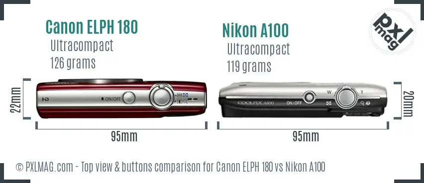 Canon ELPH 180 vs Nikon A100 top view buttons comparison