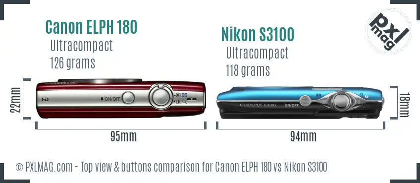 Canon ELPH 180 vs Nikon S3100 top view buttons comparison