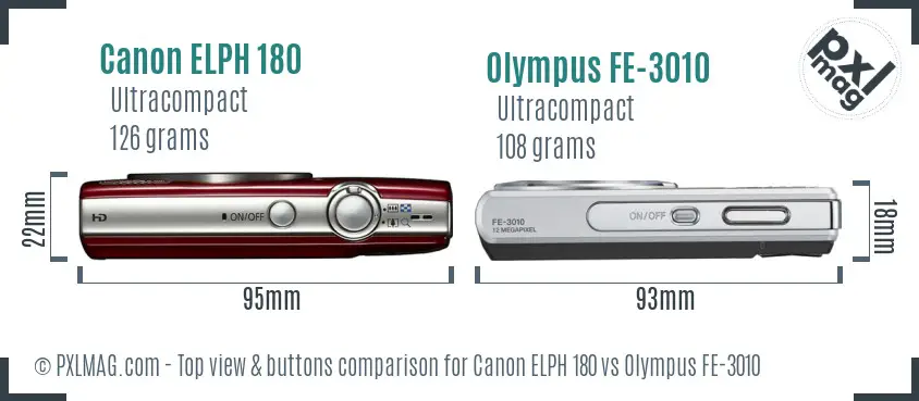 Canon ELPH 180 vs Olympus FE-3010 top view buttons comparison Canon ELPH 180 vs Olympus FE-3010 top view buttons comparison