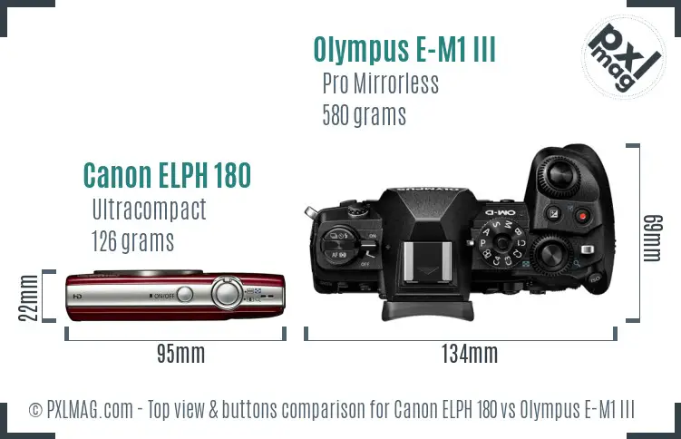 Canon ELPH 180 vs Olympus E-M1 III top view buttons comparison
