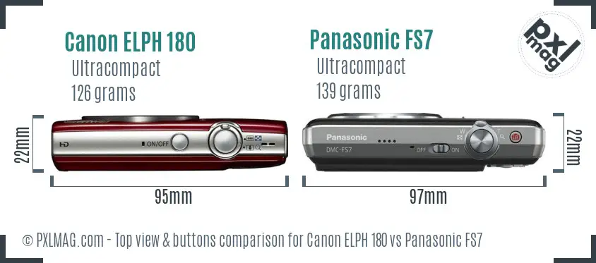 Canon ELPH 180 vs Panasonic FS7 top view buttons comparison Canon ELPH 180 vs Panasonic FS7 top view buttons comparison