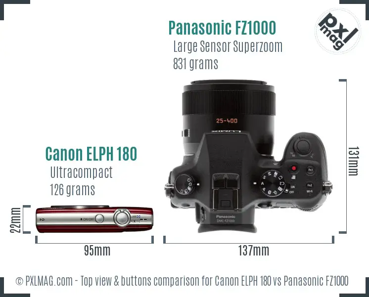 Canon ELPH 180 vs Panasonic FZ1000 top view buttons comparison Canon ELPH 180 vs Panasonic FZ1000 top view buttons comparison