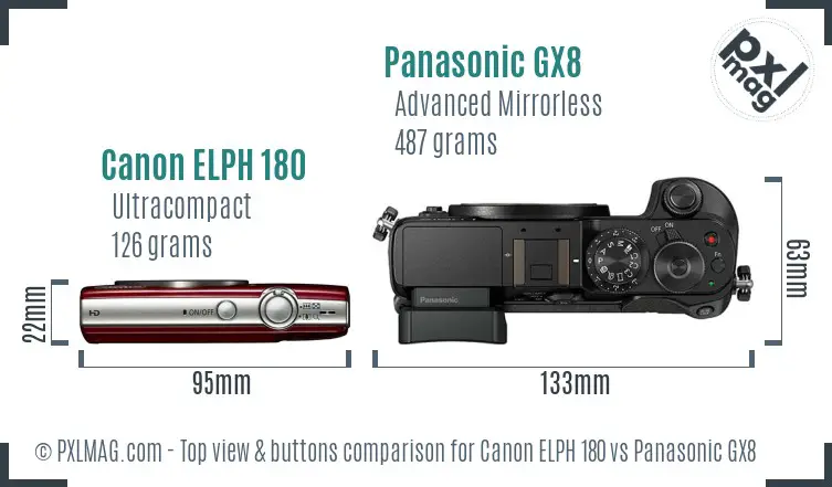 Canon ELPH 180 vs Panasonic GX8 top view buttons comparison