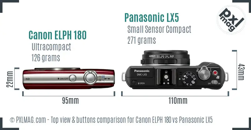 Canon ELPH 180 vs Panasonic LX5 top view buttons comparison