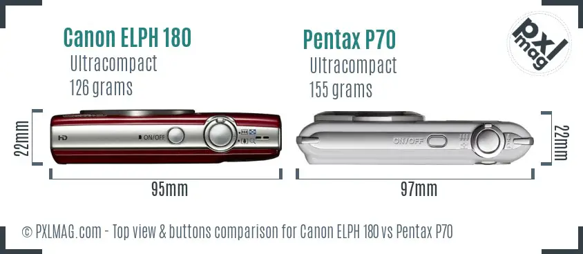Canon ELPH 180 vs Pentax P70 top view buttons comparison
