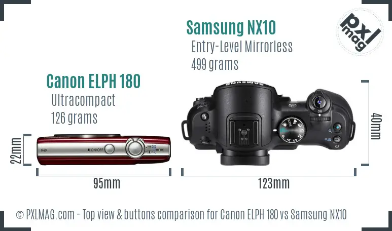 Canon ELPH 180 vs Samsung NX10 top view buttons comparison