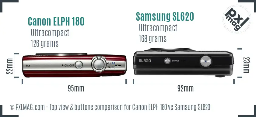 Canon ELPH 180 vs Samsung SL620 top view buttons comparison Canon ELPH 180 vs Samsung SL620 top view buttons comparison