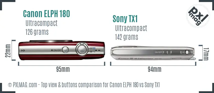 Canon ELPH 180 vs Sony TX1 top view buttons comparison Canon ELPH 180 vs Sony TX1 top view buttons comparison