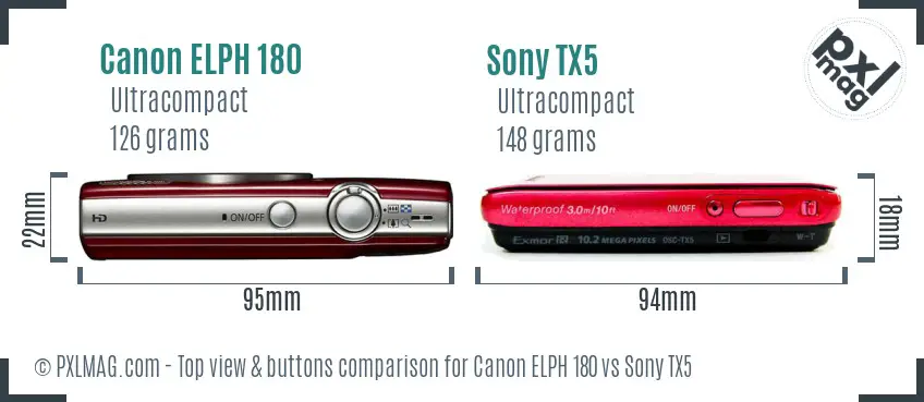 Canon ELPH 180 vs Sony TX5 top view buttons comparison Canon ELPH 180 vs Sony TX5 top view buttons comparison