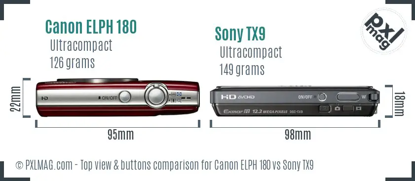 Canon ELPH 180 vs Sony TX9 top view buttons comparison