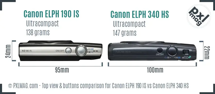 Canon ELPH 190 IS vs Canon ELPH 340 HS top view buttons comparison