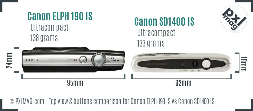 Canon ELPH 190 IS vs Canon SD1400 IS top view buttons comparison