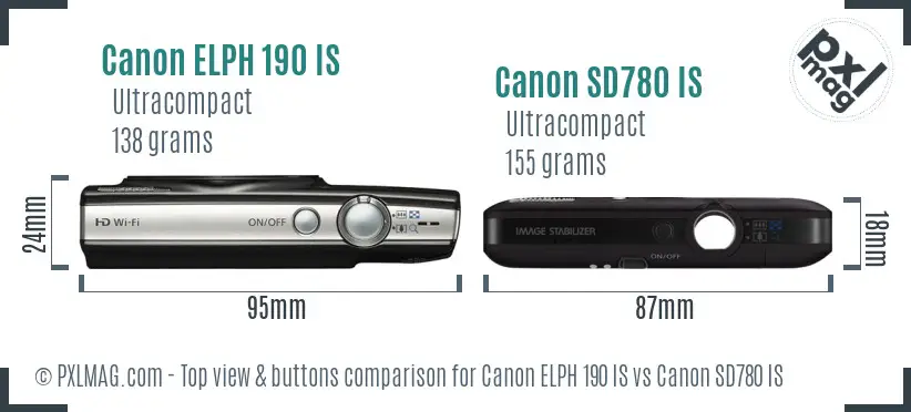 Canon ELPH 190 IS vs Canon SD780 IS top view buttons comparison Canon ELPH 190 IS vs Canon SD780 IS top view buttons comparison