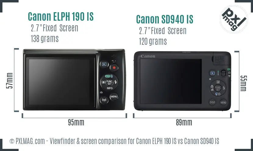 Canon ELPH 190 IS vs Canon SD940 IS Screen and Viewfinder comparison
