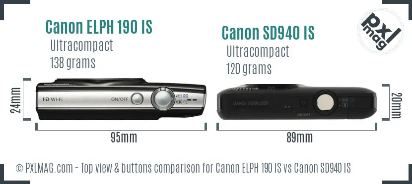 Canon ELPH 190 IS vs Canon SD940 IS top view buttons comparison