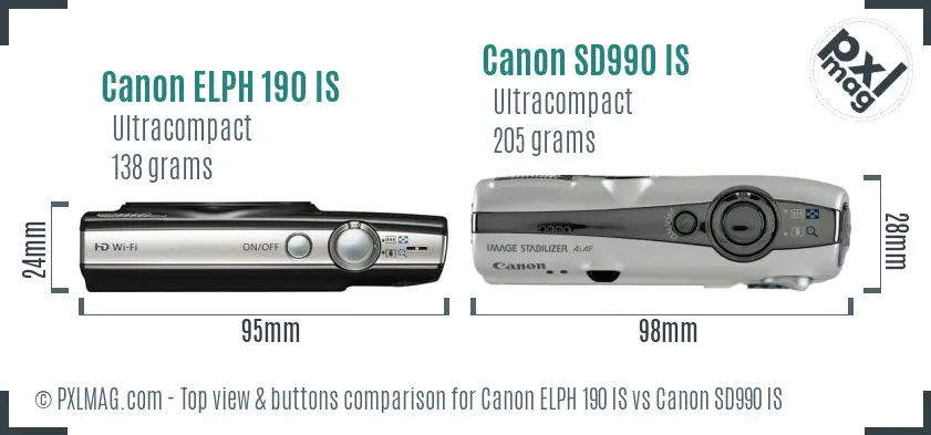 Canon ELPH 190 IS vs Canon SD990 IS top view buttons comparison