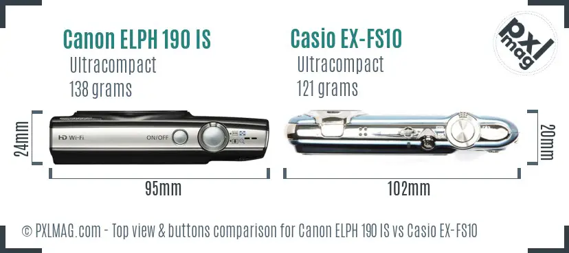 Canon ELPH 190 IS vs Casio EX-FS10 top view buttons comparison