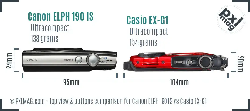 Canon ELPH 190 IS vs Casio EX-G1 top view buttons comparison