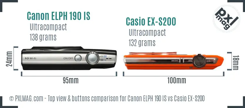 Canon ELPH 190 IS vs Casio EX-S200 top view buttons comparison