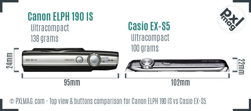Canon ELPH 190 IS vs Casio EX-S5 top view buttons comparison