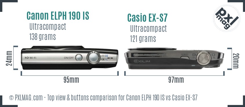 Canon ELPH 190 IS vs Casio EX-S7 top view buttons comparison