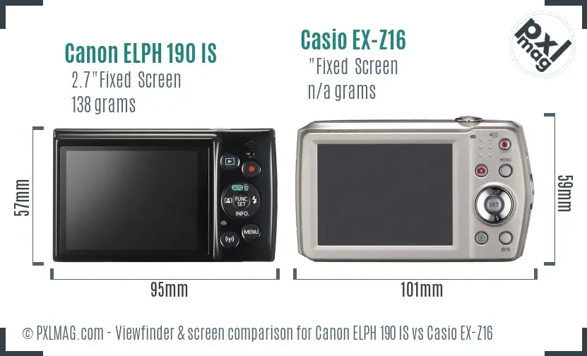 Canon ELPH 190 IS vs Casio EX-Z16 Screen and Viewfinder comparison