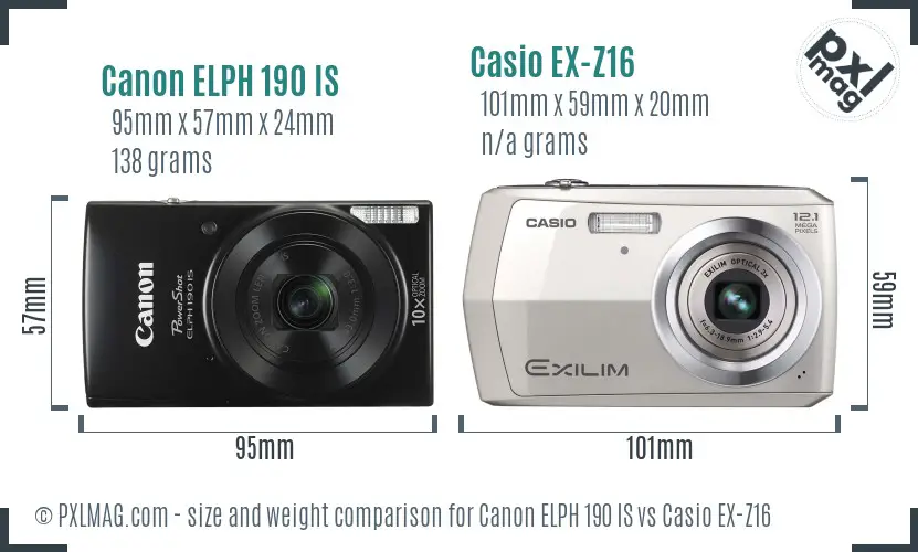 Canon ELPH 190 IS vs Casio EX-Z16 size comparison