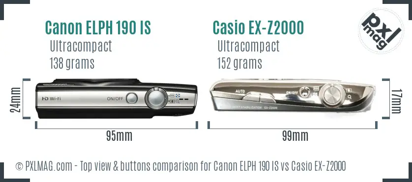 Canon ELPH 190 IS vs Casio EX-Z2000 top view buttons comparison