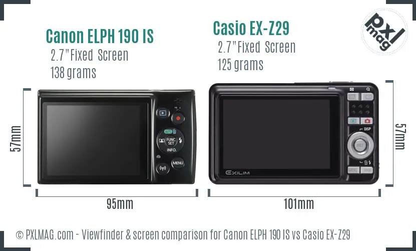 Canon ELPH 190 IS vs Casio EX-Z29 Screen and Viewfinder comparison