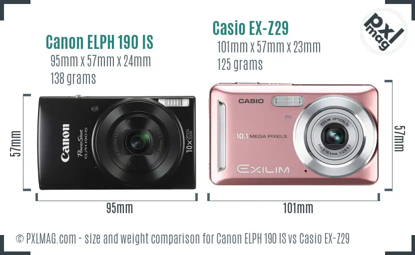 Canon ELPH 190 IS vs Casio EX-Z29 size comparison