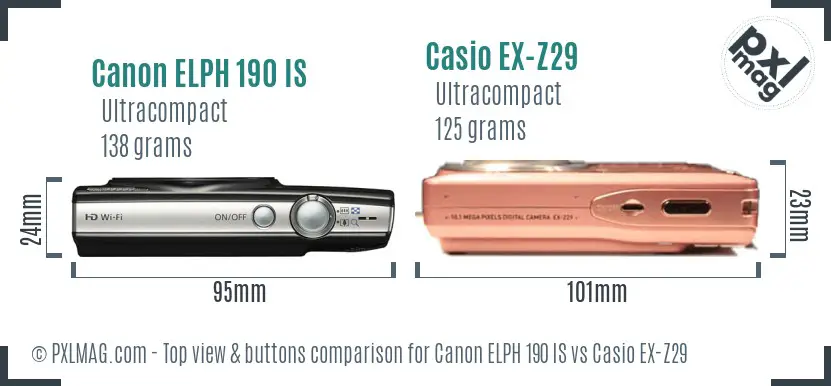 Canon ELPH 190 IS vs Casio EX-Z29 top view buttons comparison