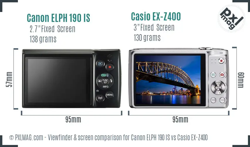 Canon ELPH 190 IS vs Casio EX-Z400 Screen and Viewfinder comparison