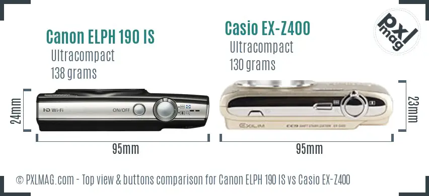 Canon ELPH 190 IS vs Casio EX-Z400 top view buttons comparison