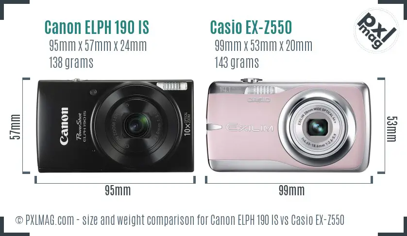 Canon ELPH 190 IS vs Casio EX-Z550 size comparison