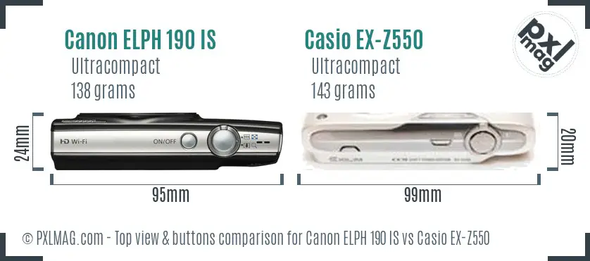 Canon ELPH 190 IS vs Casio EX-Z550 top view buttons comparison