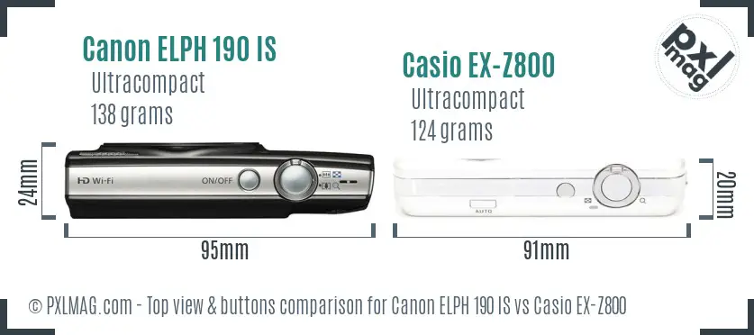 Canon ELPH 190 IS vs Casio EX-Z800 top view buttons comparison