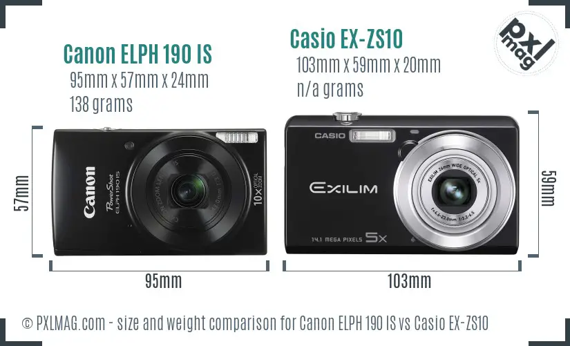 Canon ELPH 190 IS vs Casio EX-ZS10 size comparison