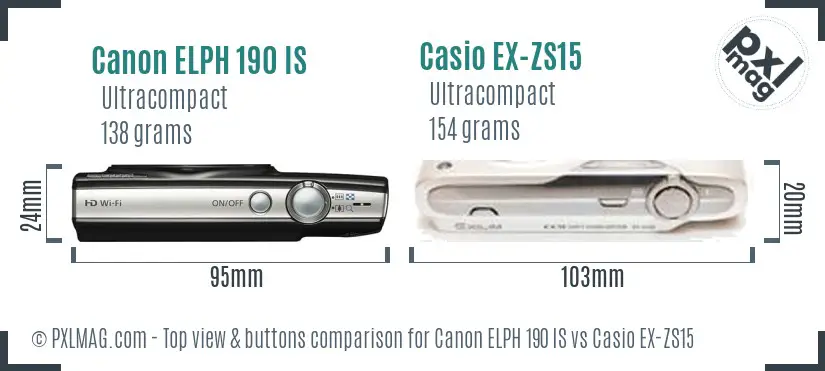 Canon ELPH 190 IS vs Casio EX-ZS15 top view buttons comparison
