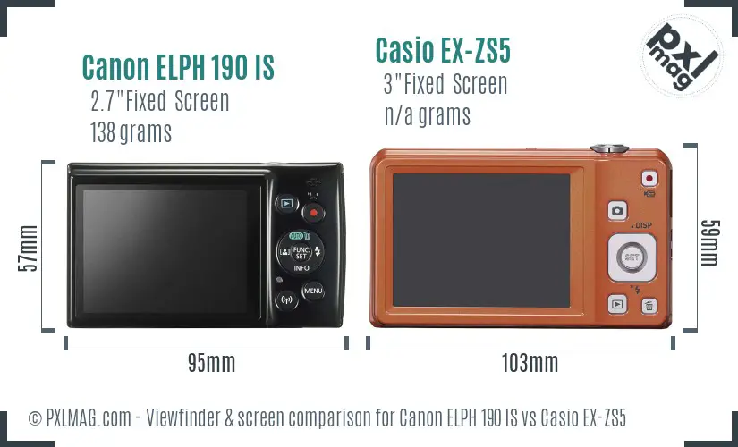 Canon ELPH 190 IS vs Casio EX-ZS5 Screen and Viewfinder comparison
